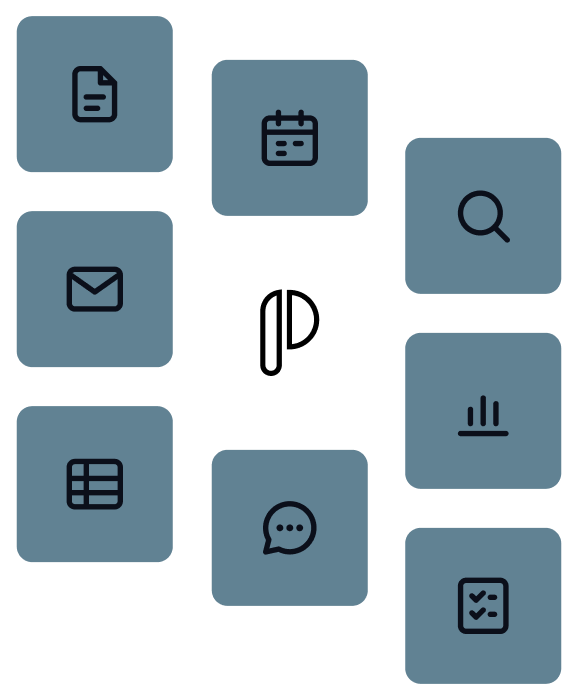 Everyday work: docs, email, spreadsheets, meetings, chat, research, reports and checklists, with Processary at the centre